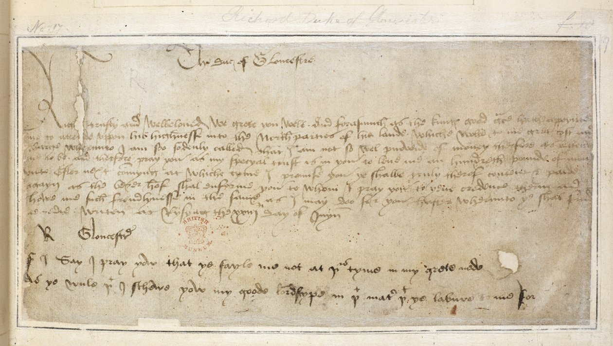 Algodón Vespasiano MS F III f.19 Primera carta sobreviviente de Richard a Sir John Say de English School