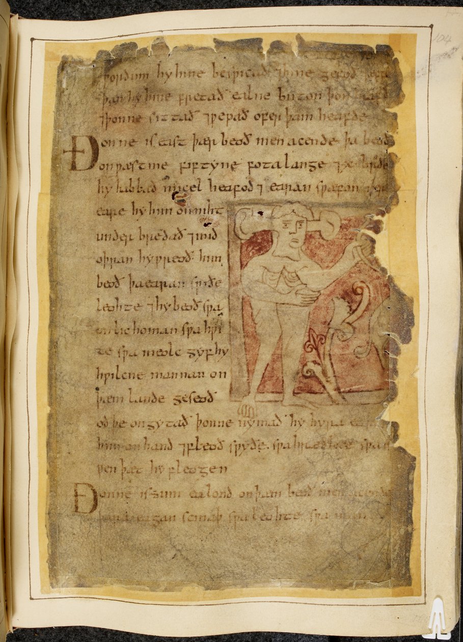 Cotton Vitellius A. XV f.104r, A panotii, es decir, un hombre con orejas que se proyectan sobre tallos, sosteniendo un objeto que parece un arco, ilustración de Beowulf, del 