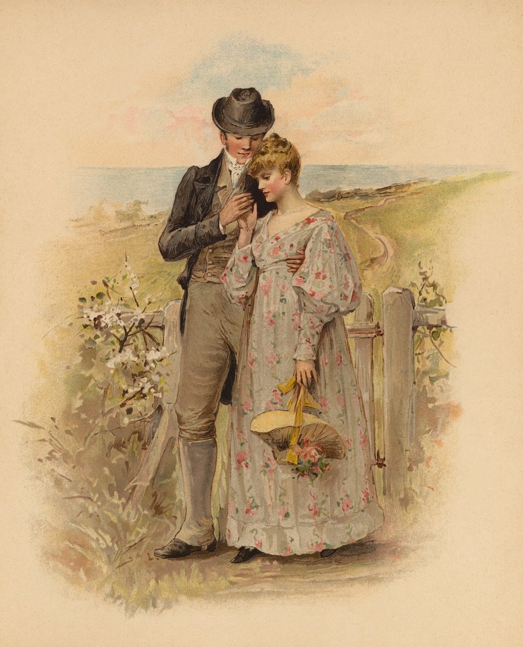 Pareja de novios paseando por el campo (cromolito) de English School