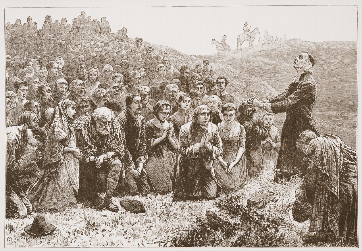Covenanters adorando junto a las orillas del Whitadder, ilustración de La Historia del Protestantismo de James Aitken Wylie, pub. 1878 de English School