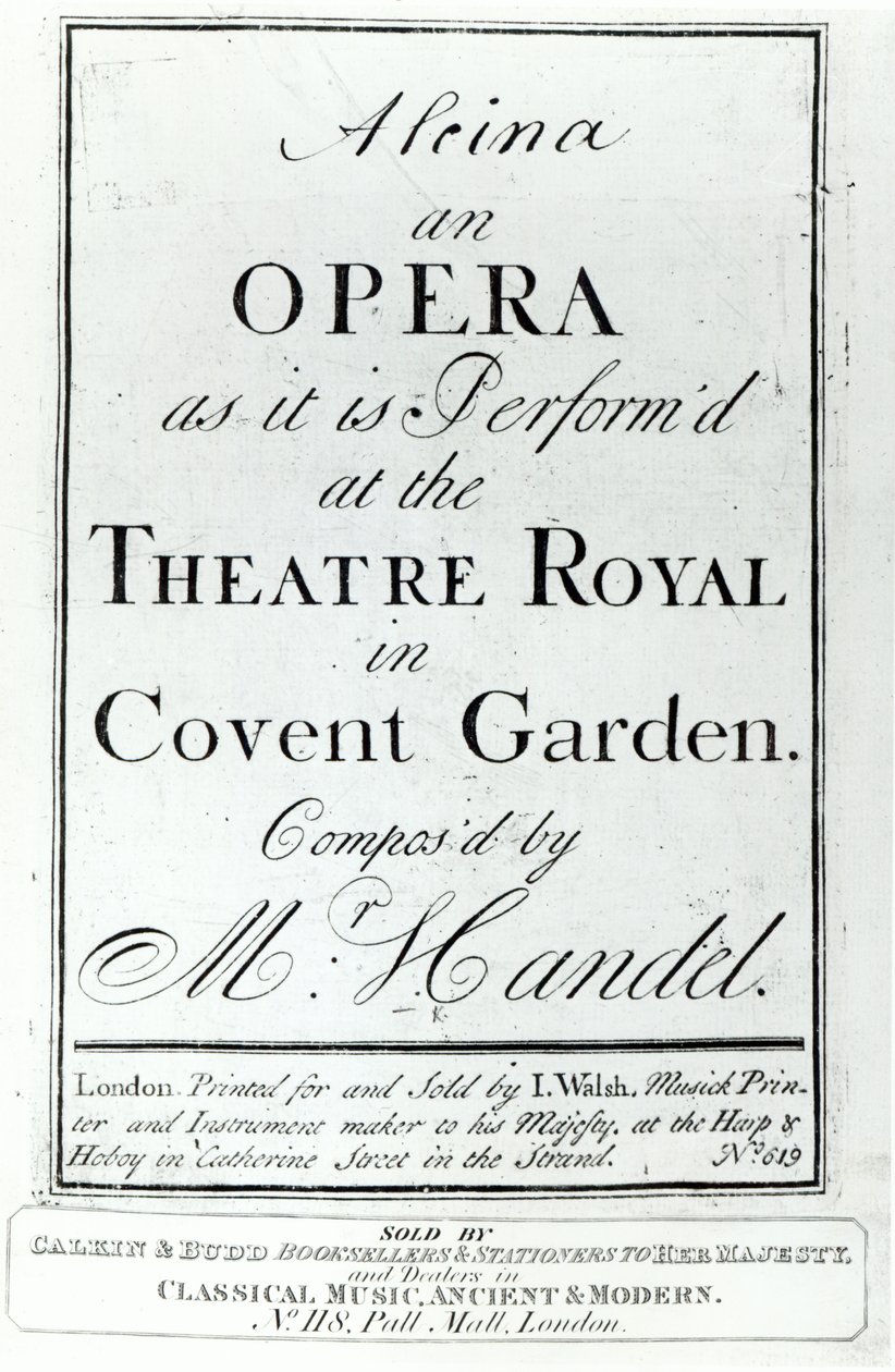 Portada de la partitura de Alcina, una ópera de Handel, publicada en 1735 de English School