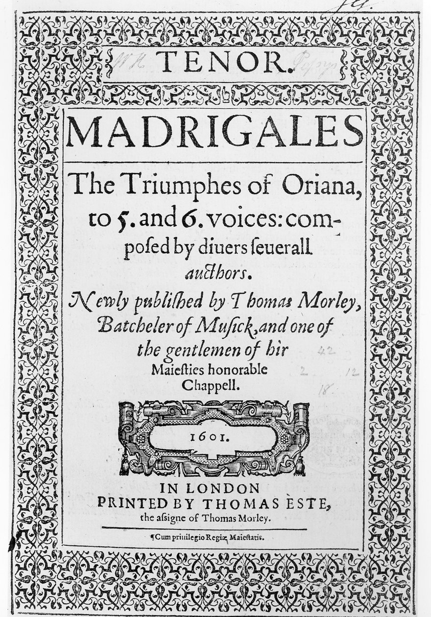 Portada de la parte de Tenor de Los Triunfos de Oriana, publicado por Thomas Este, 1601 de English School