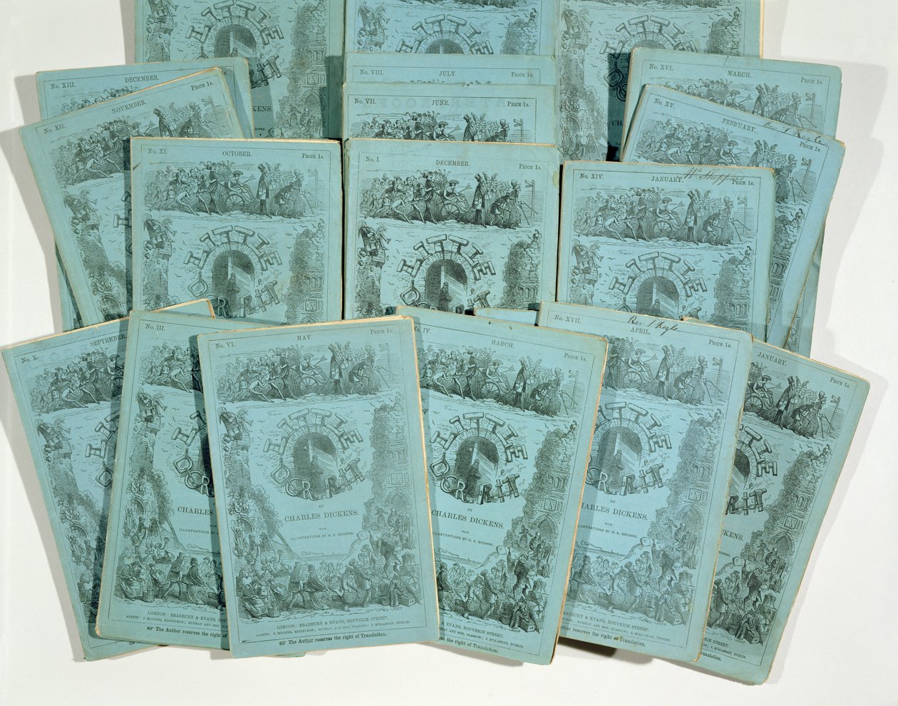 Portadas de las ediciones mensuales de La pequeña Dorrit de Charles Dickens, publicadas c. 1856 de English School