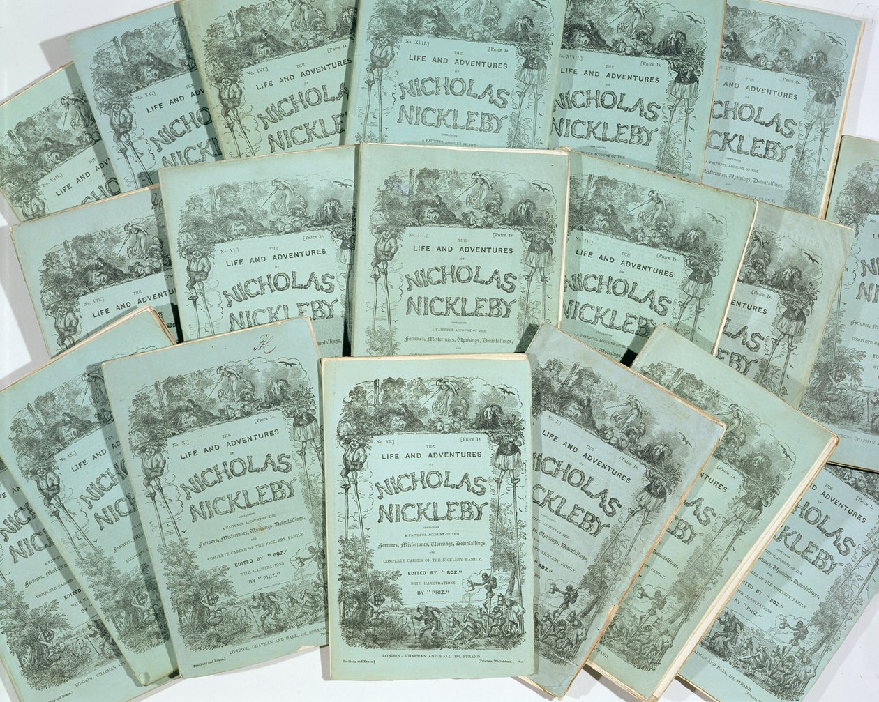 Portadas de las ediciones mensuales de La vida y aventuras de Nicholas Nickleby de Charles Dickens, publicadas en 1839 de English School