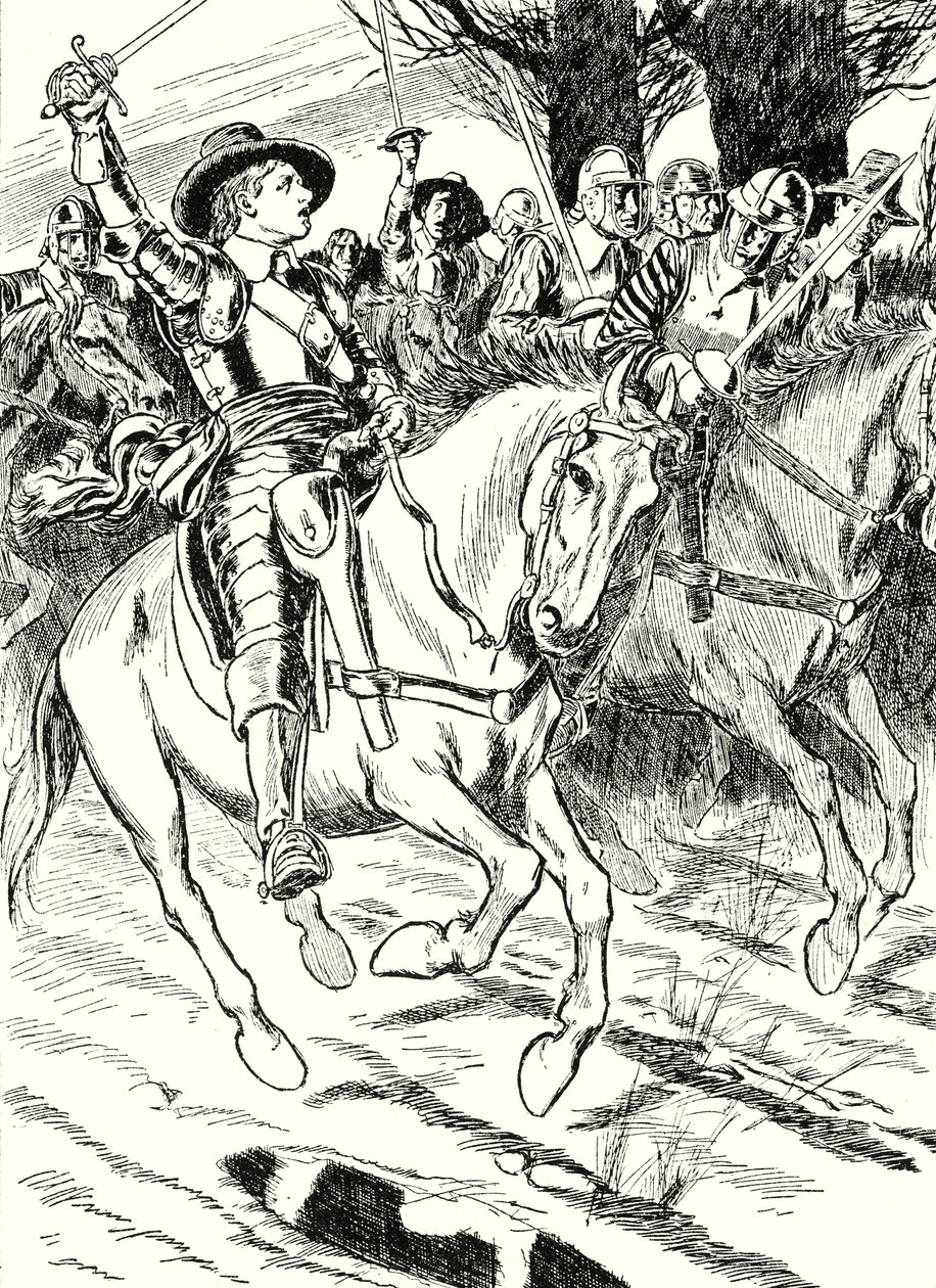 Cromwell conduce a sus soldados a la batalla (litografía) de English School