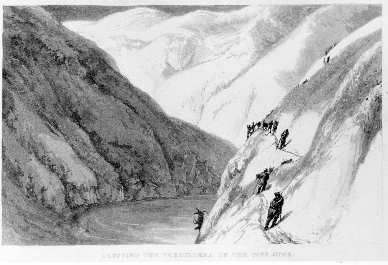 Cruzando la Cordillera el 1 de junio, de Viajes en América del Sur por Alexander Caldcleugh, 1825 de English School