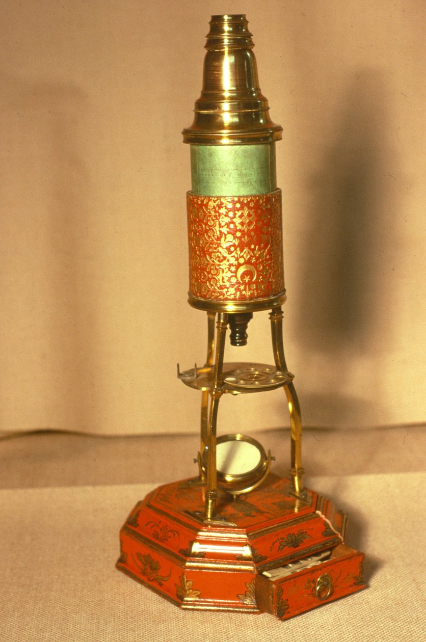 Microscopio estilo Culpeper, con base estilo chinoiserie y cuerpo dorado (madera, latón y oro) de English School