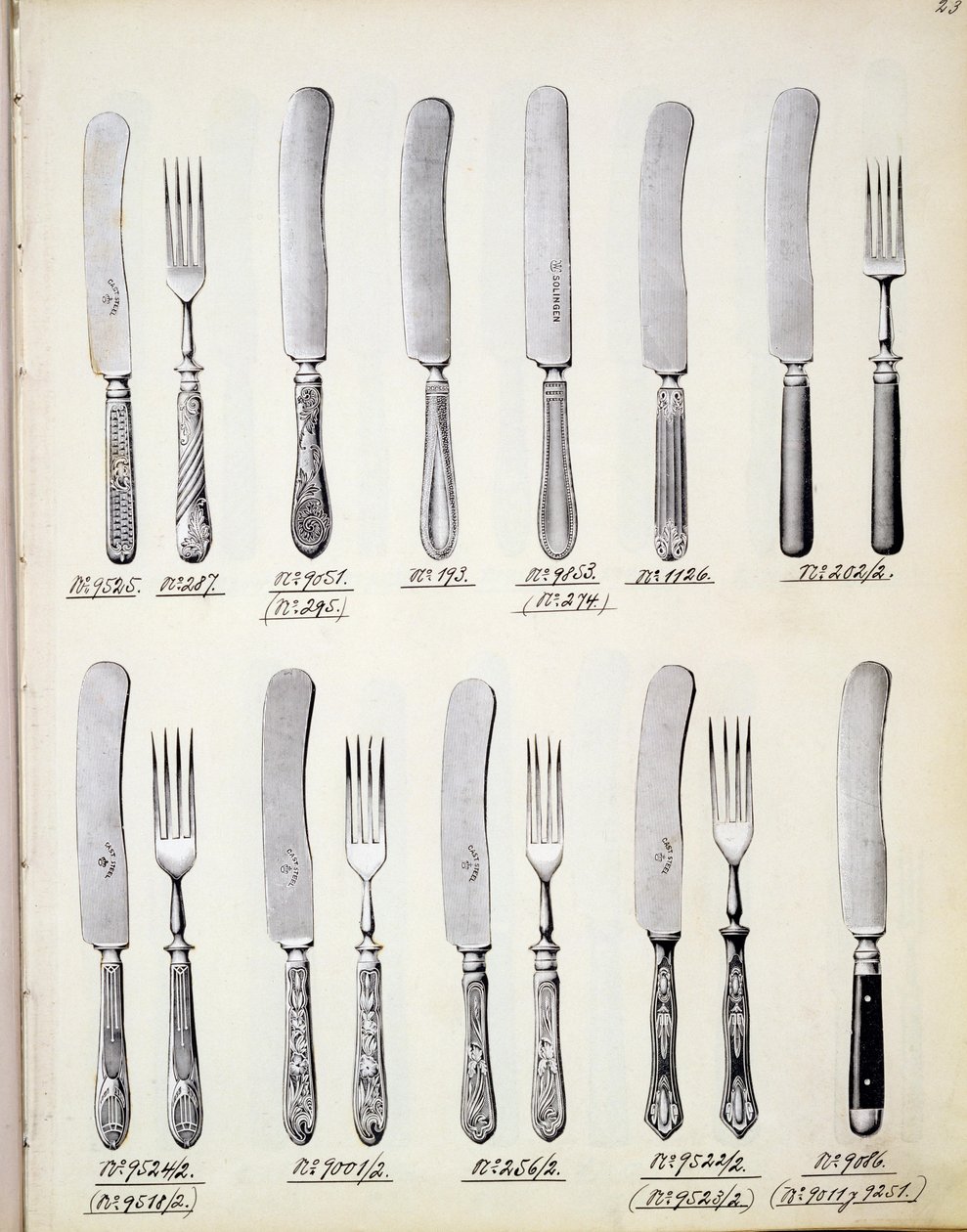 Diseños de cubiertos, de un catálogo comercial de bienes y accesorios domésticos, c.1890-1910 de English School