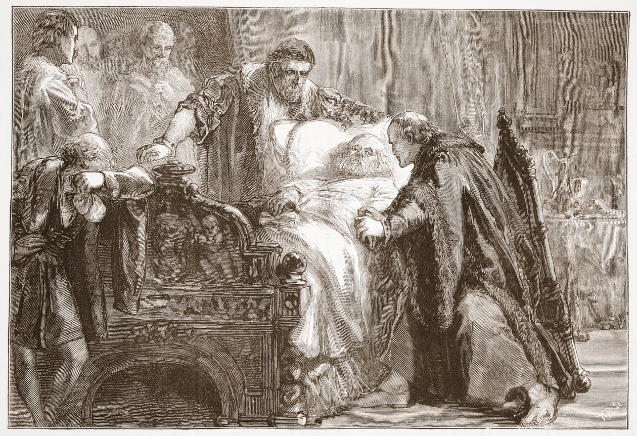Muerte de Federico el Sabio, Elector de Sajonia, ilustración de La Historia del Protestantismo de James Aitken Wylie, pub. 1878 de English School