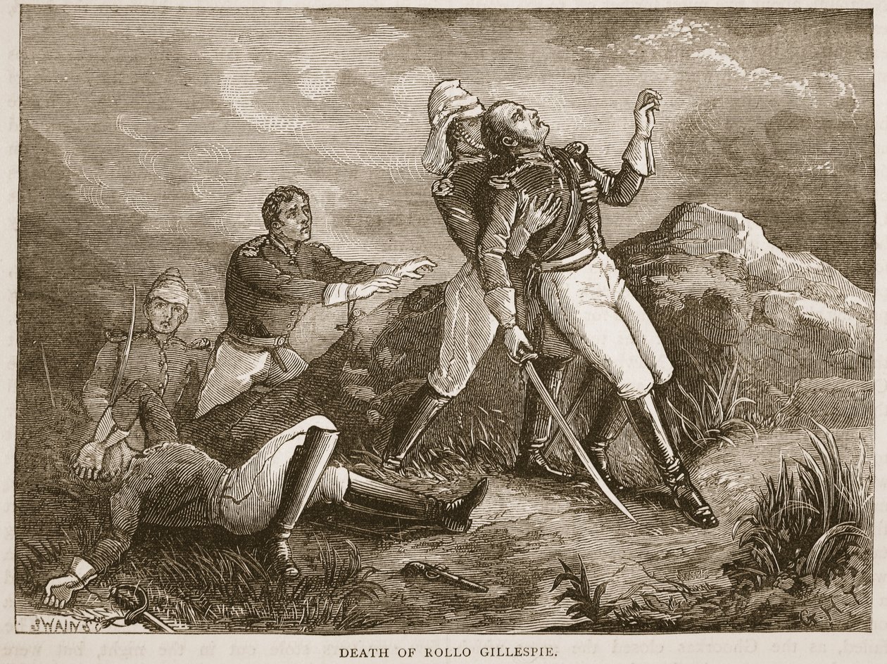 Muerte de Rollo Gillespie, ilustración de Cassells Illustrated History of India de James Grant, pub. 1879 de English School