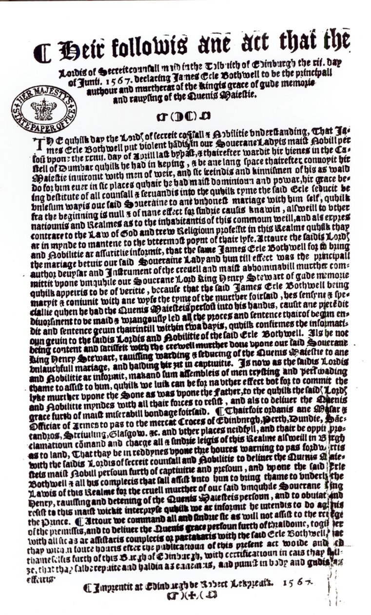 Declaración de los Lores indicando al Conde de Bothwell como el asesino de Lord Darnley, 1567 de English School