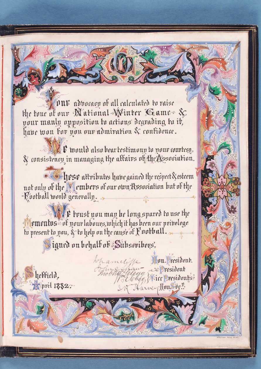 Dedicación de una dirección presentada por la Asociación de Fútbol de Sheffield a William Pierce-Dix con motivo de su retiro como Secretario, 1882 de English School