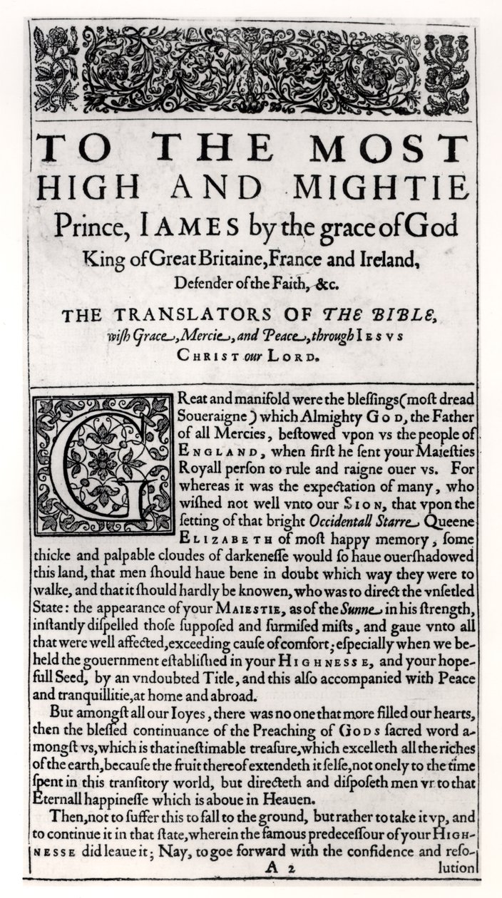 Página de dedicación en La Santa Biblia, publicada por Robert Barker, 1611 de English School