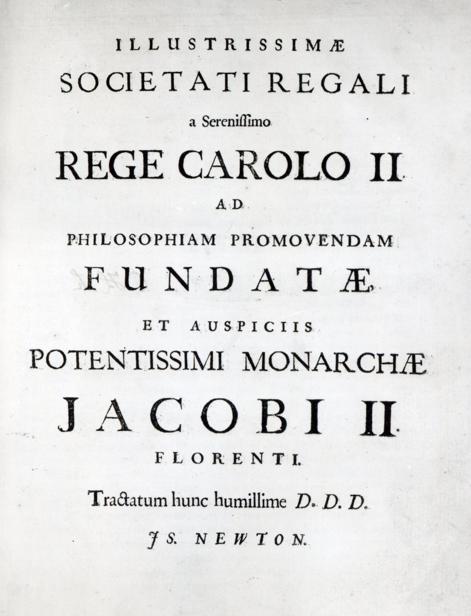 Dedicación a la Royal Society de la primera edición de Philosophiae Naturalis Principia Mathematica de Newton, 1687 de English School