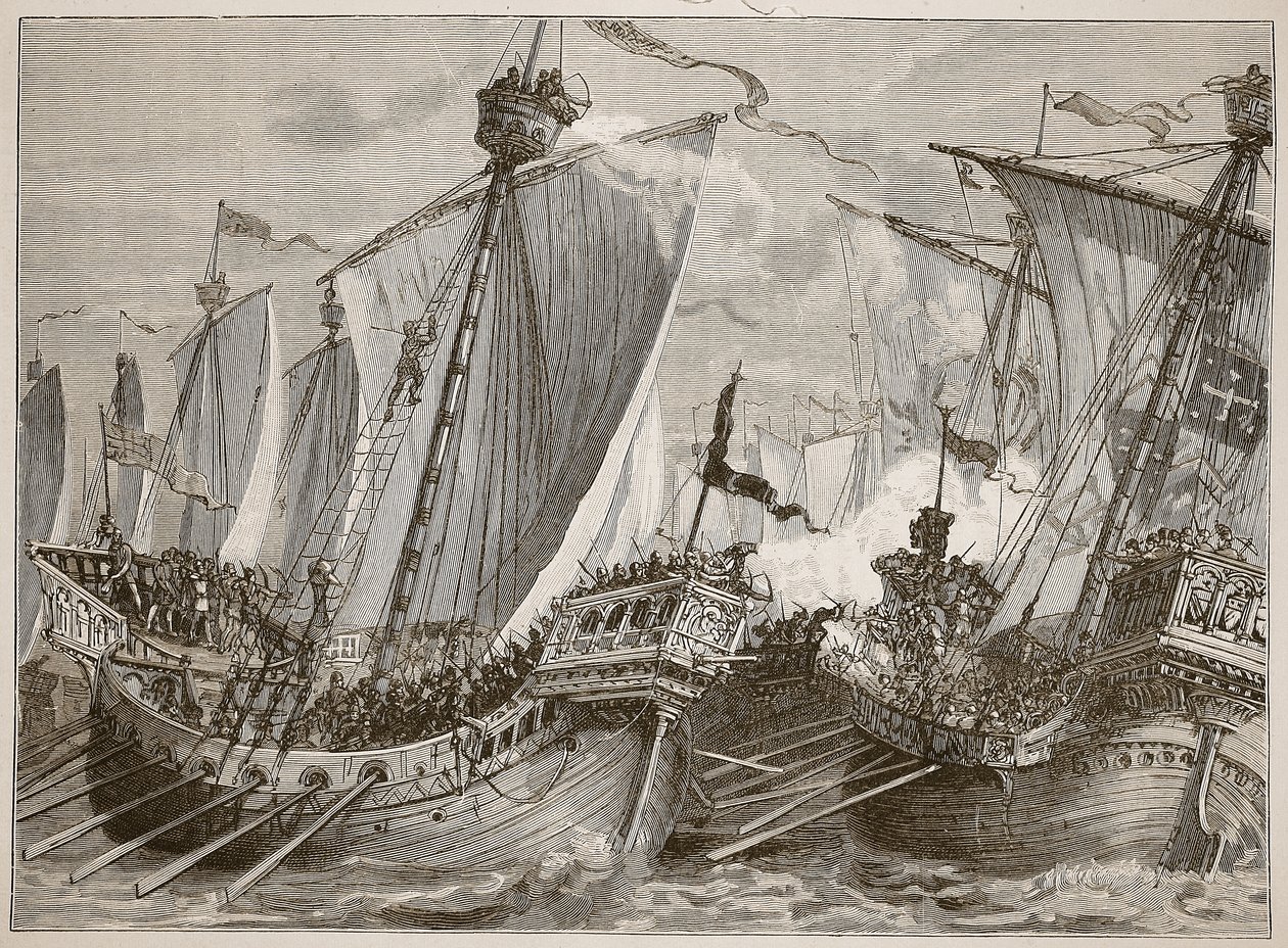 Derrota de la flota francesa en el Canal de la Mancha, ilustración de Cassells Illustrated History of England de English School