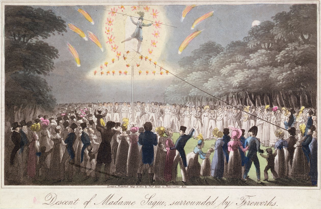 Descenso de Madame Saqui, rodeada de fuegos artificiales, publicado por Thomas Kelly (fl.1820-55) Londres de English School
