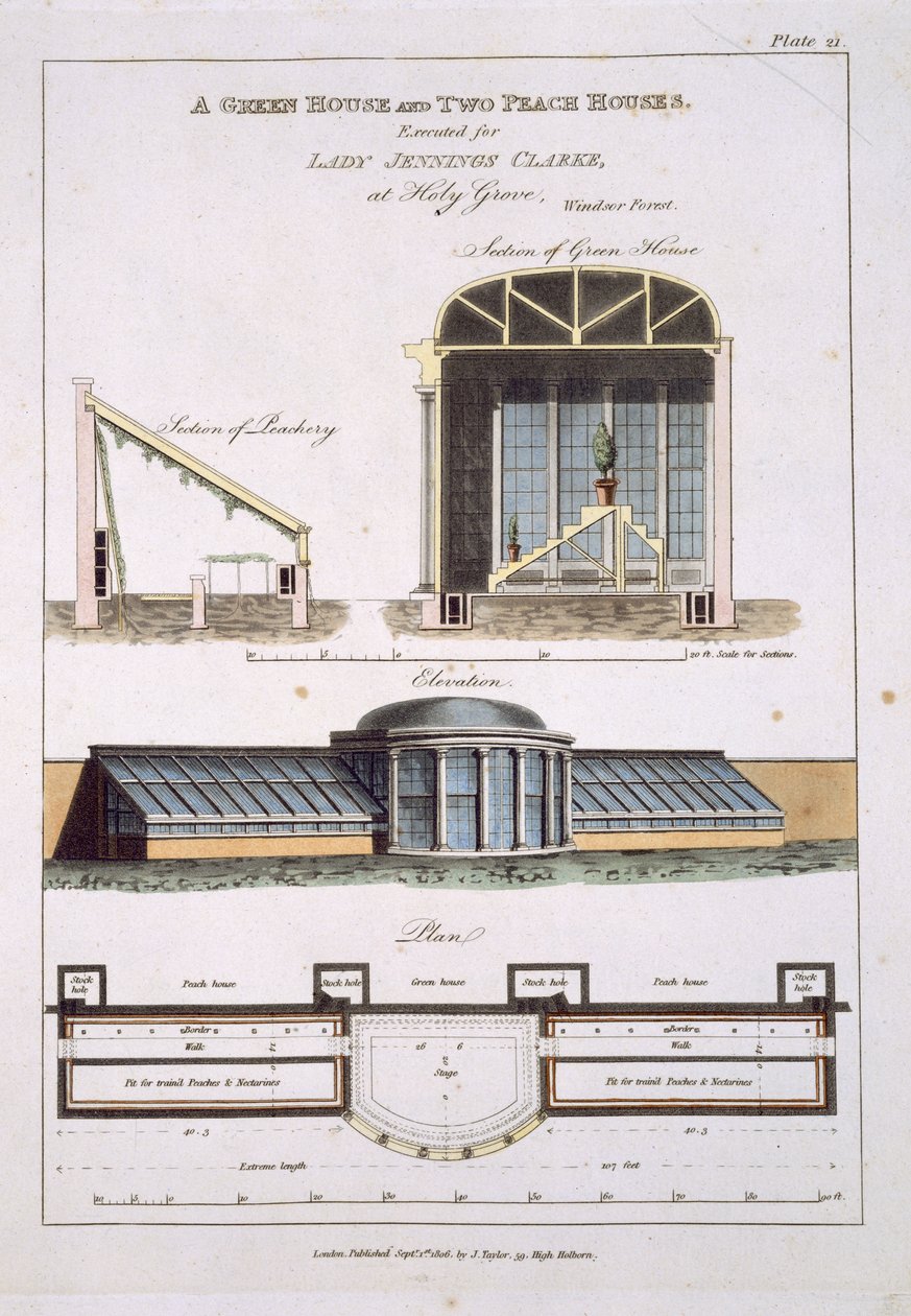 Diseño para un Invernadero y dos Casas de Duraznos, 1806 de English School