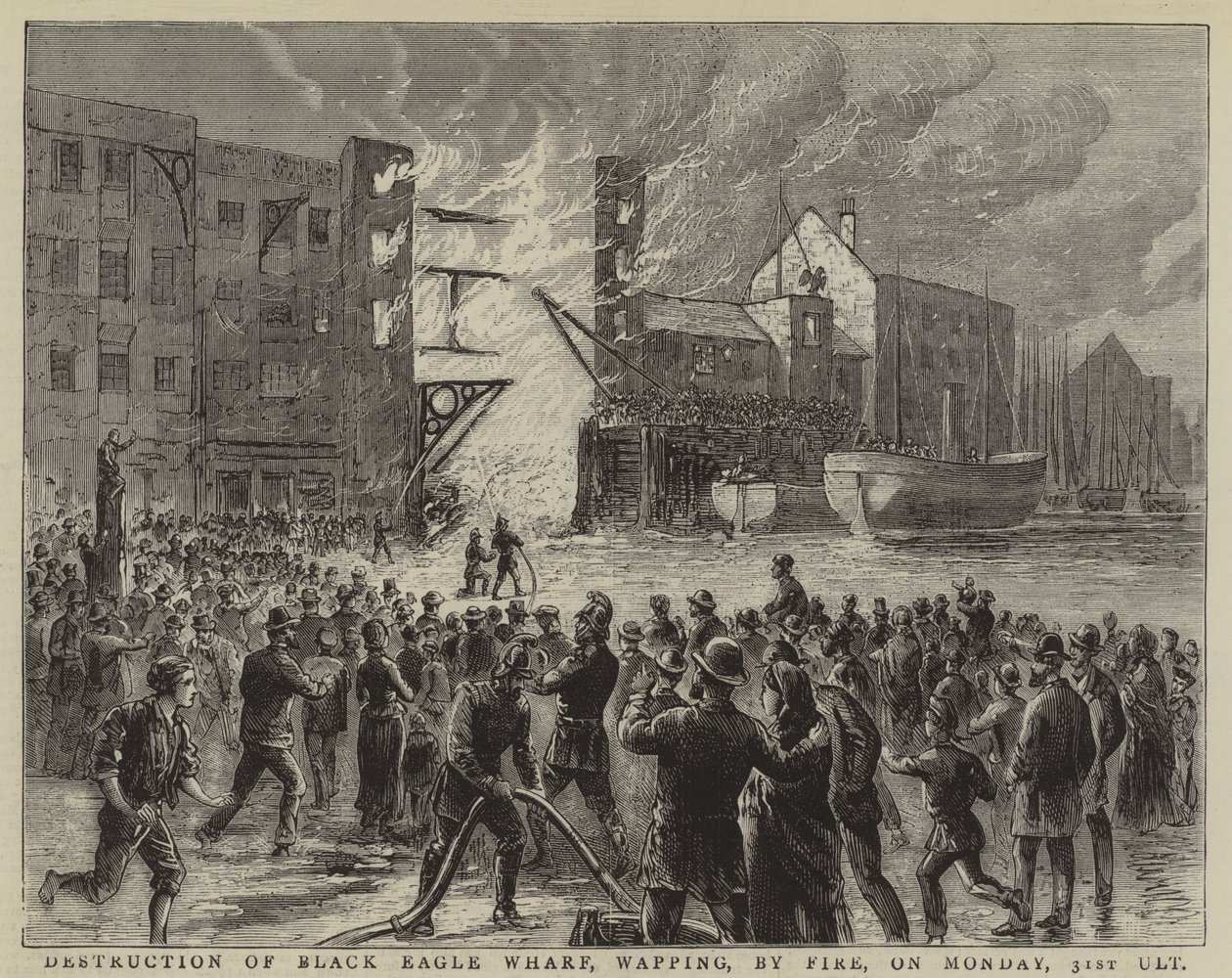 Destrucción de Black Eagle Wharf, Wapping, por el fuego, el lunes 31 de agosto (grabado) de English School