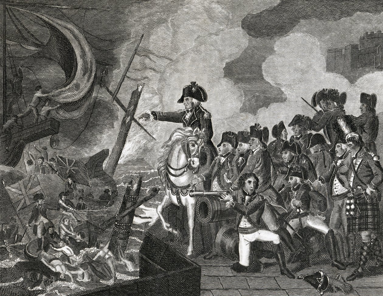 Destrucción de los botes de guerra antes de Gibraltar, grabado por H.Cook, 1816 de English School