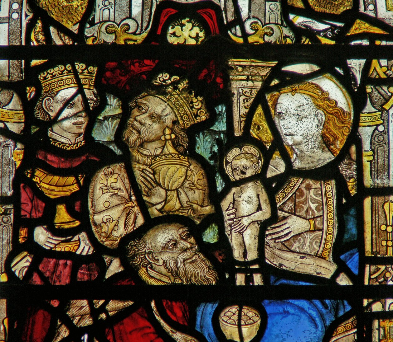 (detalle) de una ventana que representa la adoración de los Magos de English School