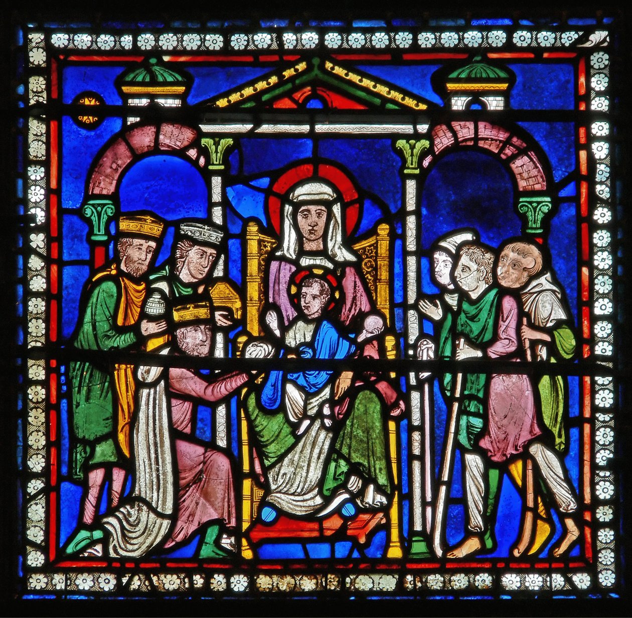 (detalle) de una de las Ventanas de la Biblia que representa la adoración de los Magos y los Pastores de English School