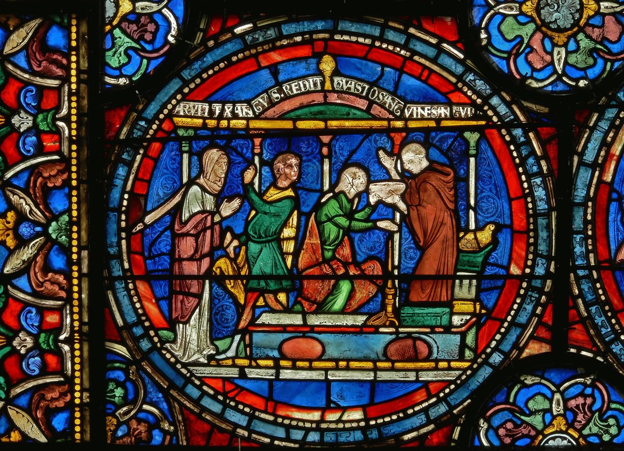 (detalle) de la Ventana del Milagro que representa a Audrey de Canterbury tomando agua curativa de English School