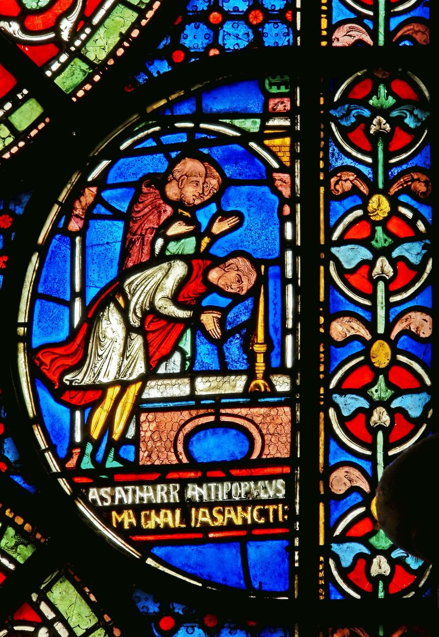 (detalle) de la Ventana del Milagro que representa a Eilward de Westoning dando gracias en la tumba de Tomás Becket de English School