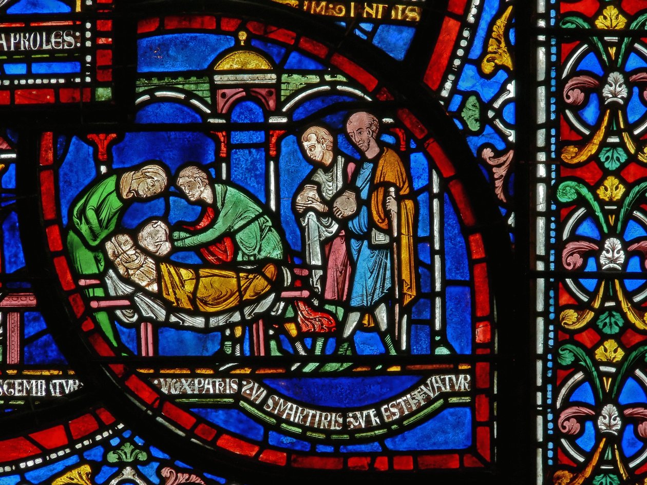 (detalle) de la Ventana del Milagro que representa la historia de Jordan Fitzeisulf de English School