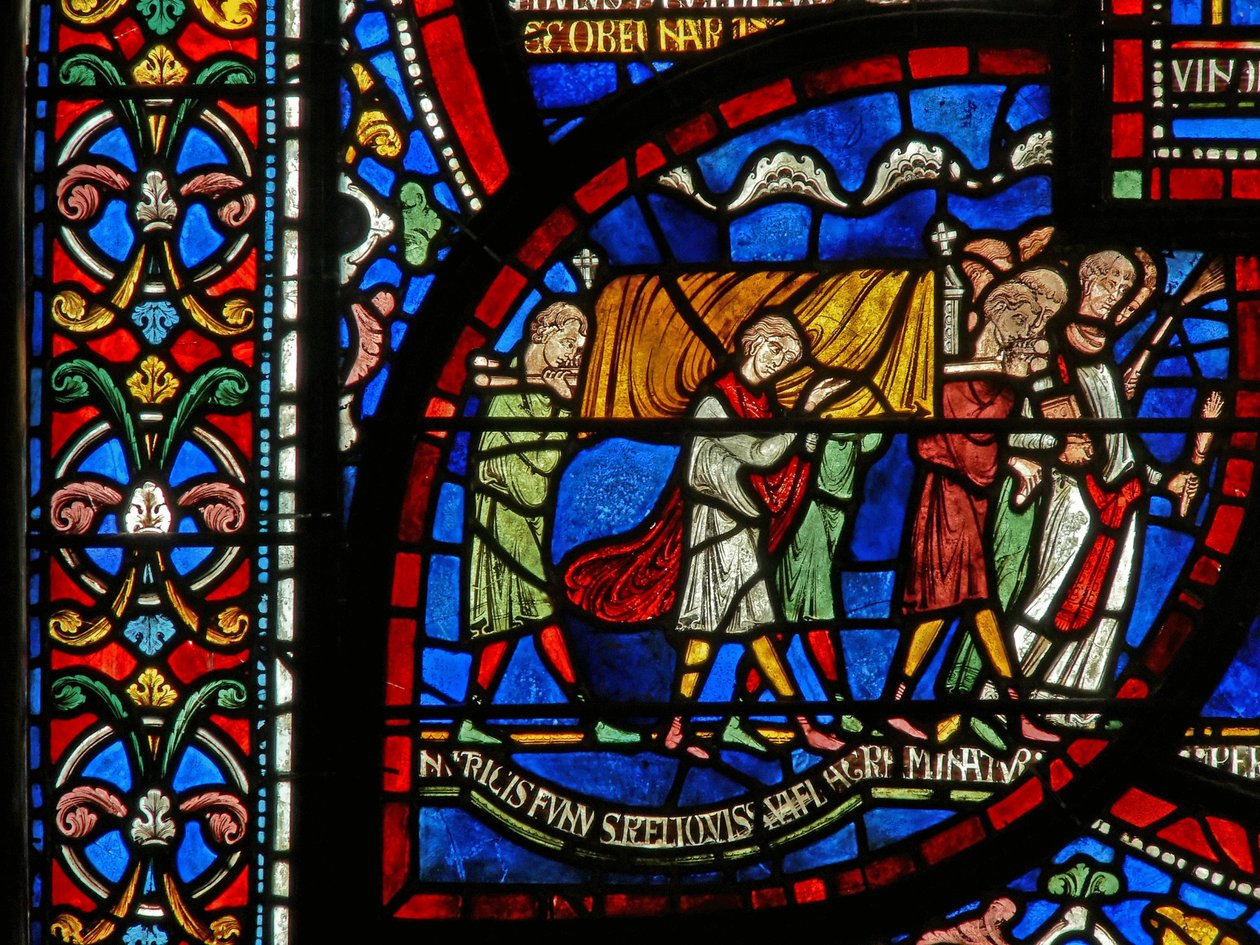 (detalle) de la Ventana del Milagro que representa la historia de Jordan Fitzeisulf de English School