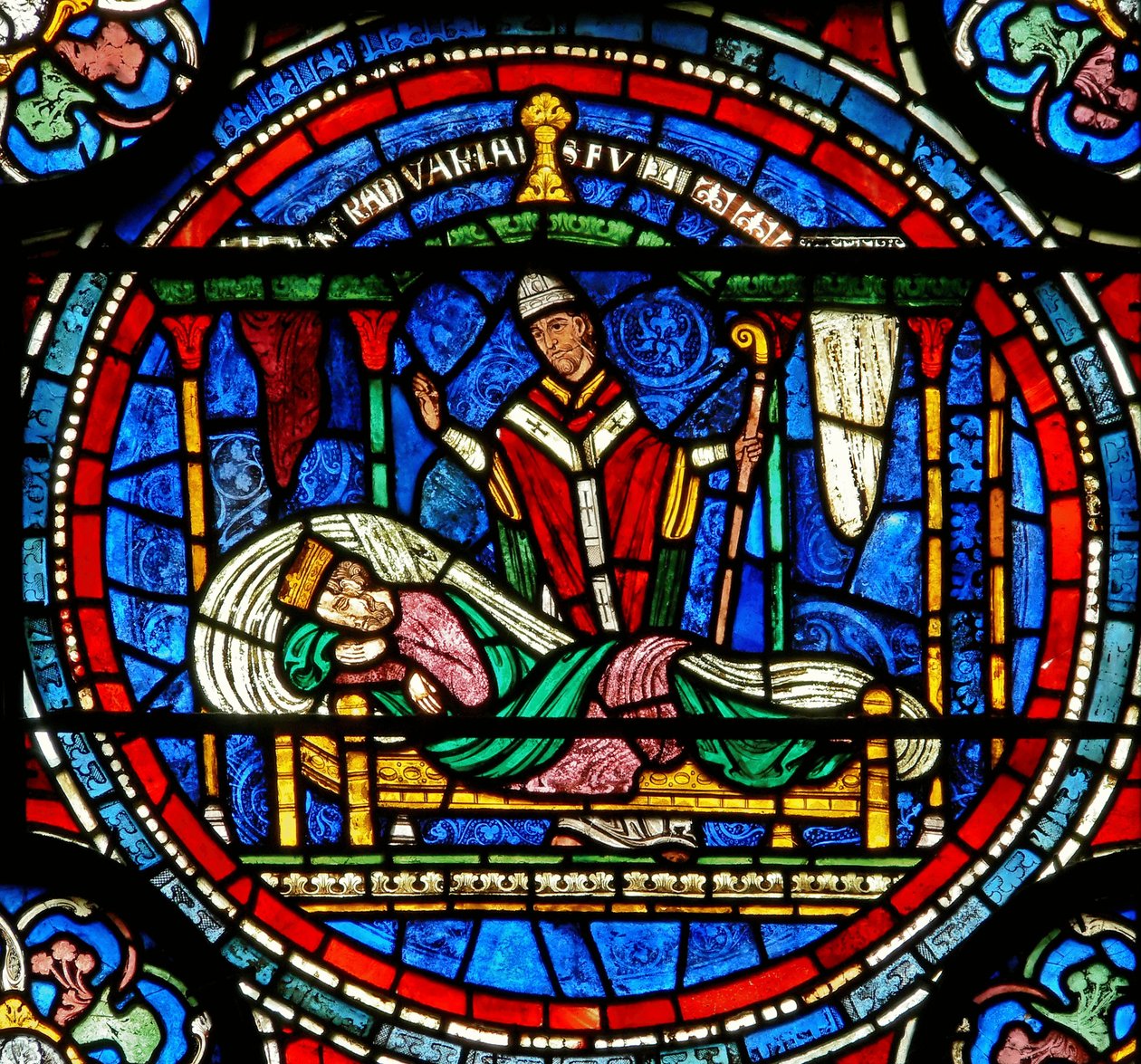 (detalle) de la Ventana del Milagro que representa al rey Luis VII siendo instruido por Tomás para ir a su tumba de English School
