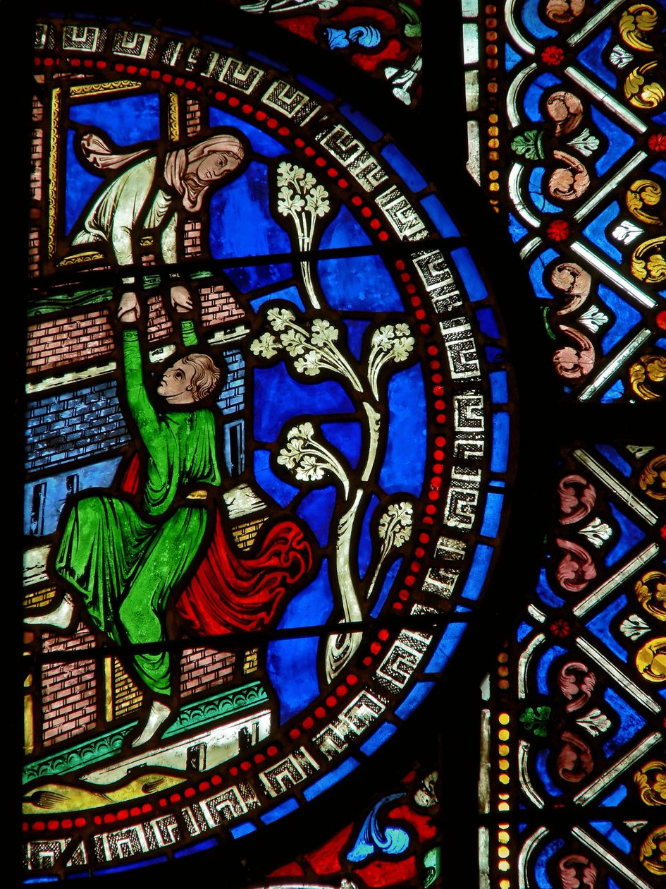 (detalle) de la ventana este de la Capilla de la Trinidad que representa a David escapando de la ciudad de English School