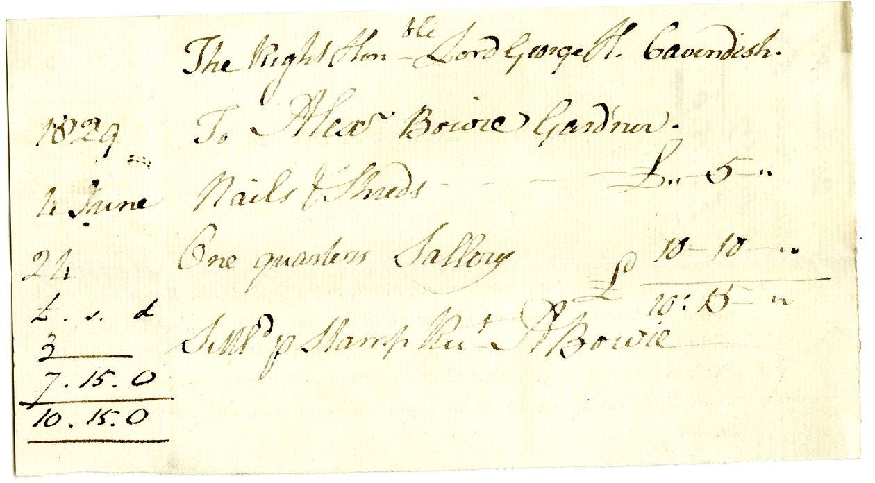 Devonshire MSS AS 3101, folio de un paquete de facturas liquidadas por Pinder Simpson para Lord George Cavendish, incluyendo la factura de Alexander Bowie de English School