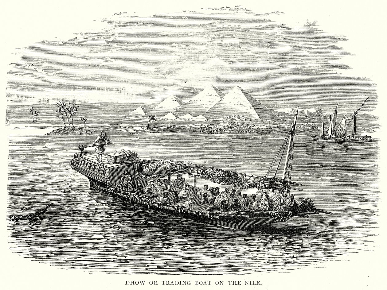 Dhow o barco comercial en el Nilo (grabado) de English School