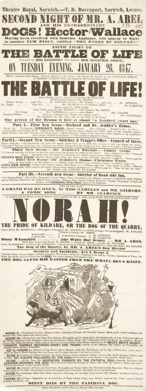 Cartel de Dickens: La batalla de la vida, en el Teatro Real, Norwich, 26 de enero de 1847 de English School