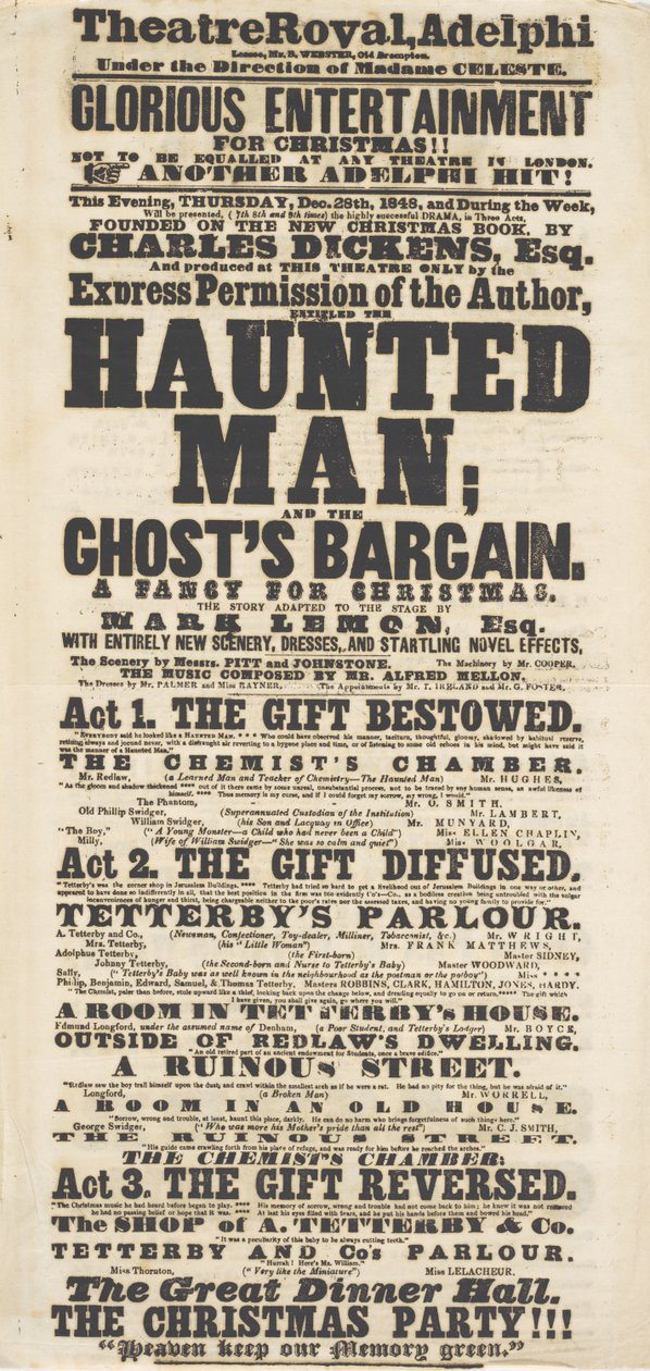 Cartel de Dickens: El hombre embrujado, en el Teatro Real Adelphi, 28 de diciembre de 1848 de English School