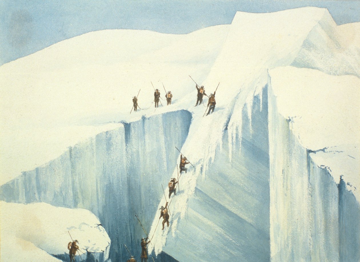 Paso difícil de una grieta, de A Narrative of an Ascent to the Summit of Mont Blanc por Charles Fellows, publicada en 1827 de English School