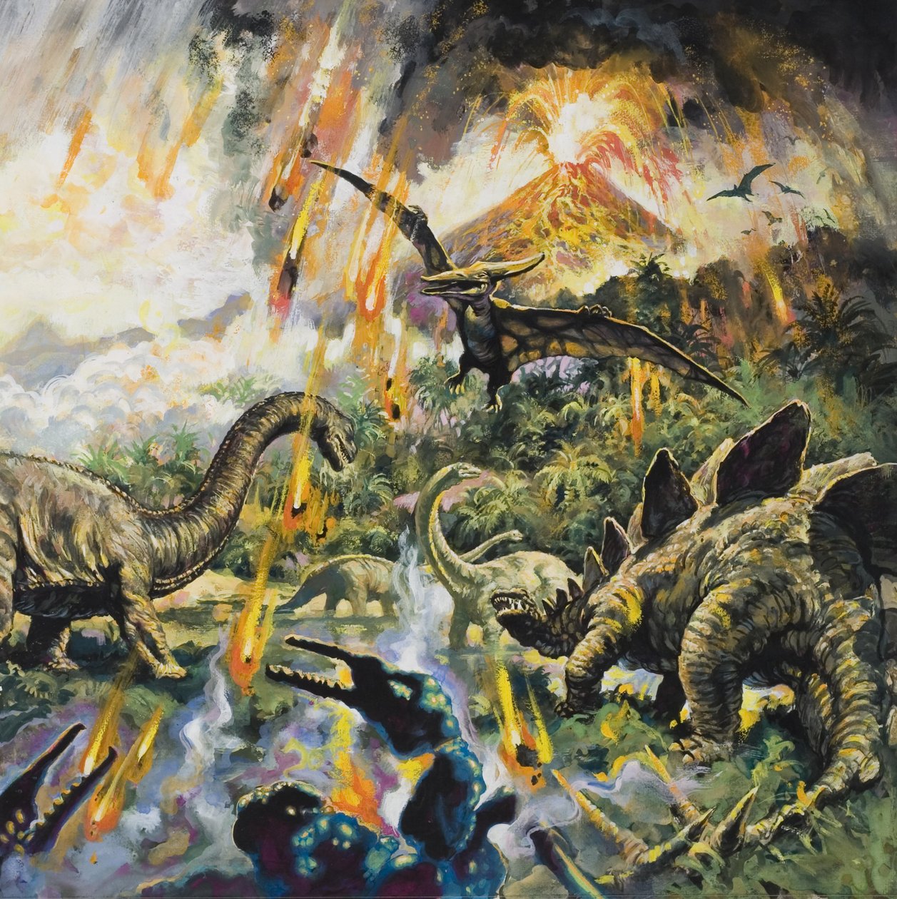 Dinosaurios y volcanes (gouache sobre papel) de English School
