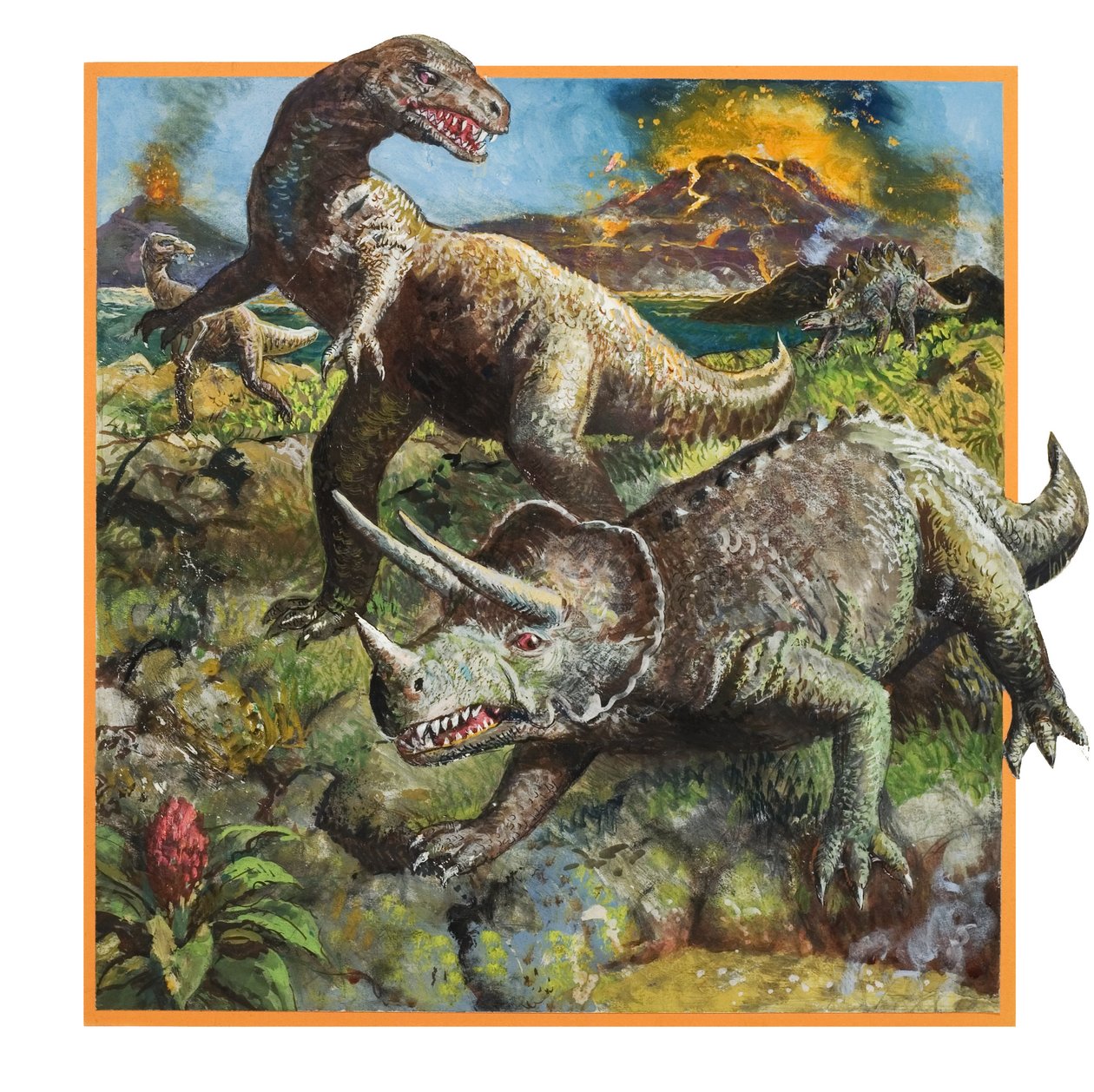 Dinosaurios con volcán (gouache sobre papel) de English School