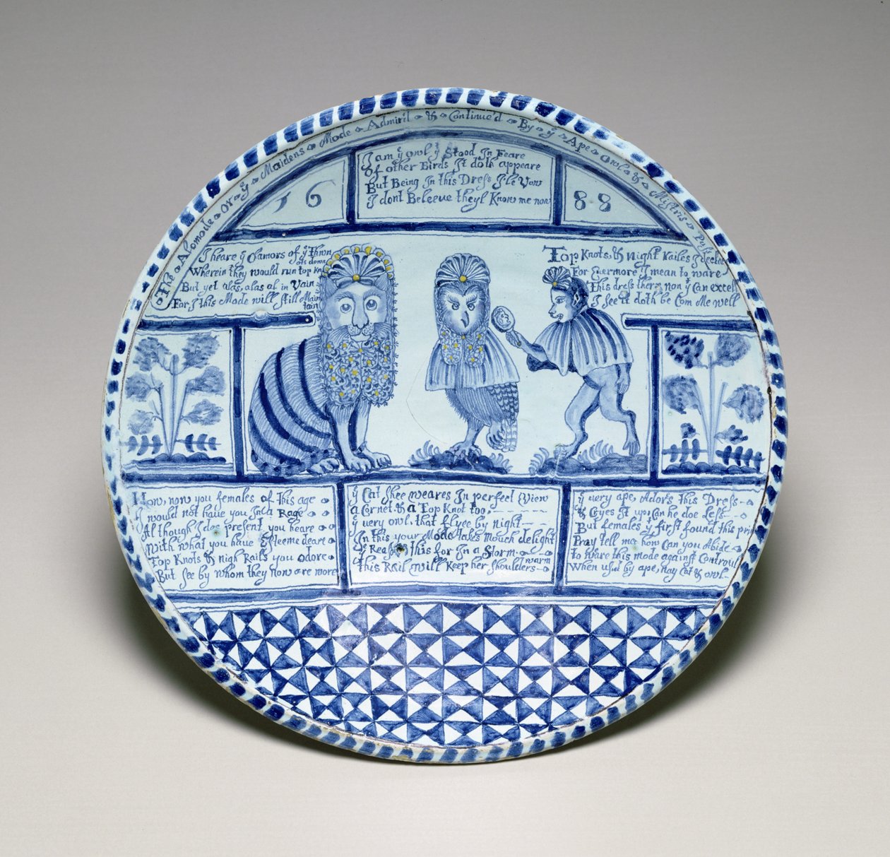 Plato con un gato, un búho y un mono mirándose en un espejo, 1688 de English School