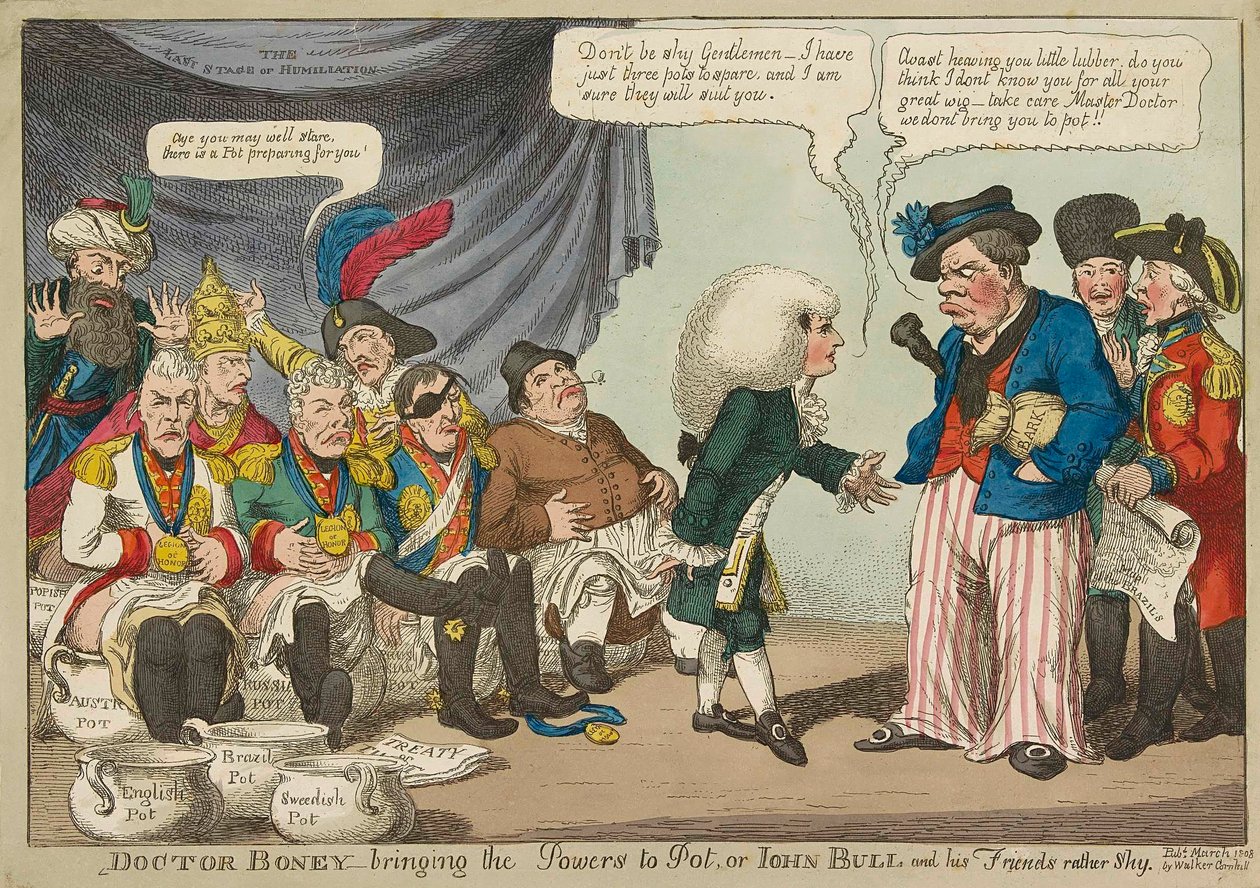 Doctor Boney llevando a las potencias a la olla..., grabado coloreado a mano de 1808 de English School