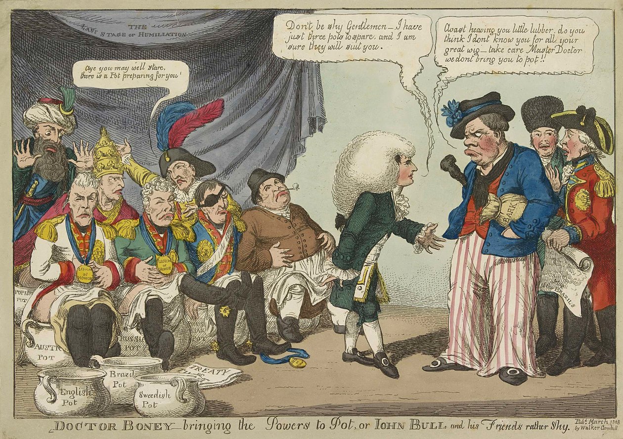 Doctor Boney trayendo los poderes a Pot, o John Bull y sus amigos algo tímidos, pub. 1808 (grabado coloreado a mano) de English School