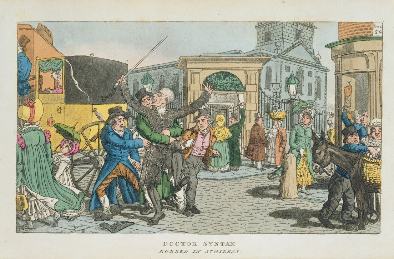 El Doctor Syntax robado en St. Giles, de The Tour of Doctor Syntax through London, or the Pleasures and Miseries of the Metropolis. A Poem, publicado en 1820 de English School