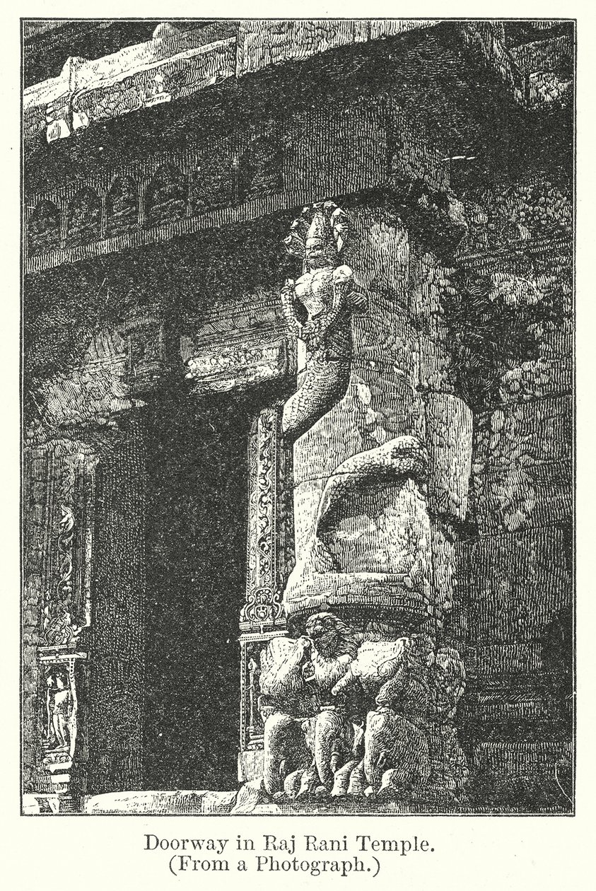 Puerta del templo Raj Rani (grabado) de English School