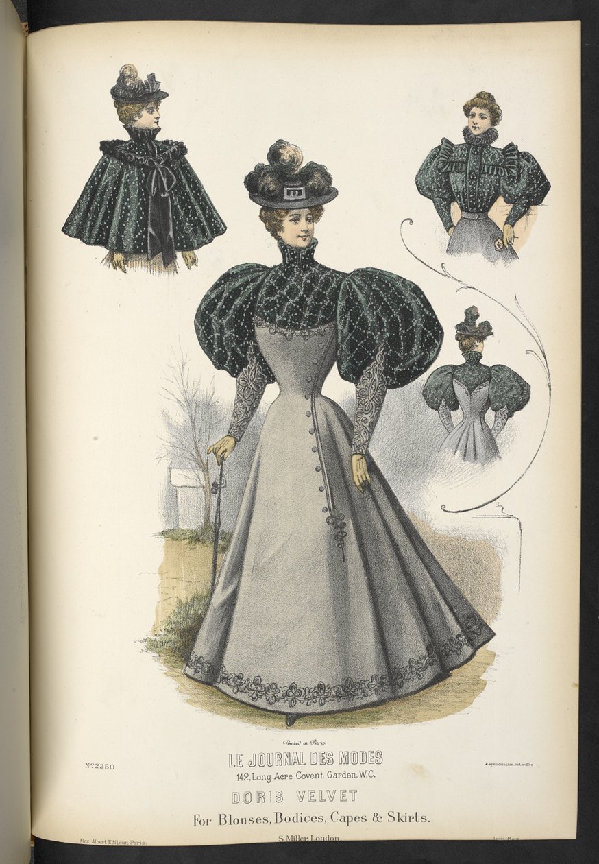 Terciopelo Doris, Para blusas, corpiños, capas y faldas,  Lámina 2250, Terciopelo Doris para blusas, corpiños, capas y faldas,  La modista y sombrerera,  1895 de English School