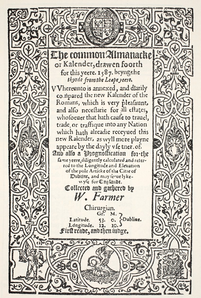 Doble Almanaque (común y nuevo) y Prognosticación para Dublín para 1587, por W. Farmer, impreso por Watkins y Roberts, 1587 de English School