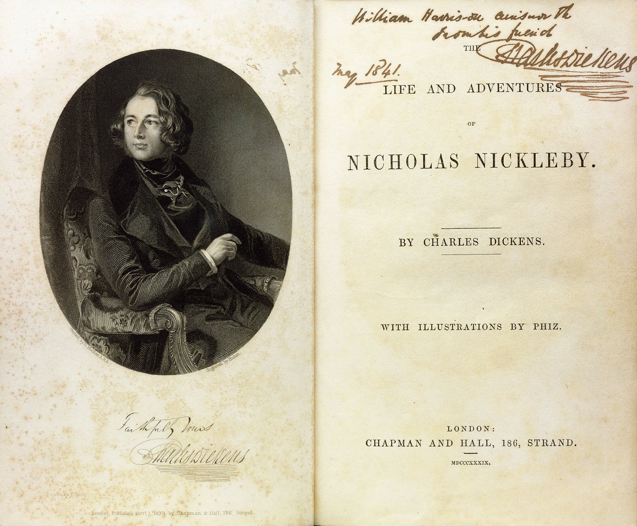 Doble página con un retrato de Dickens y una dedicatoria de Dickens a William Harrison Ainsworth de English School