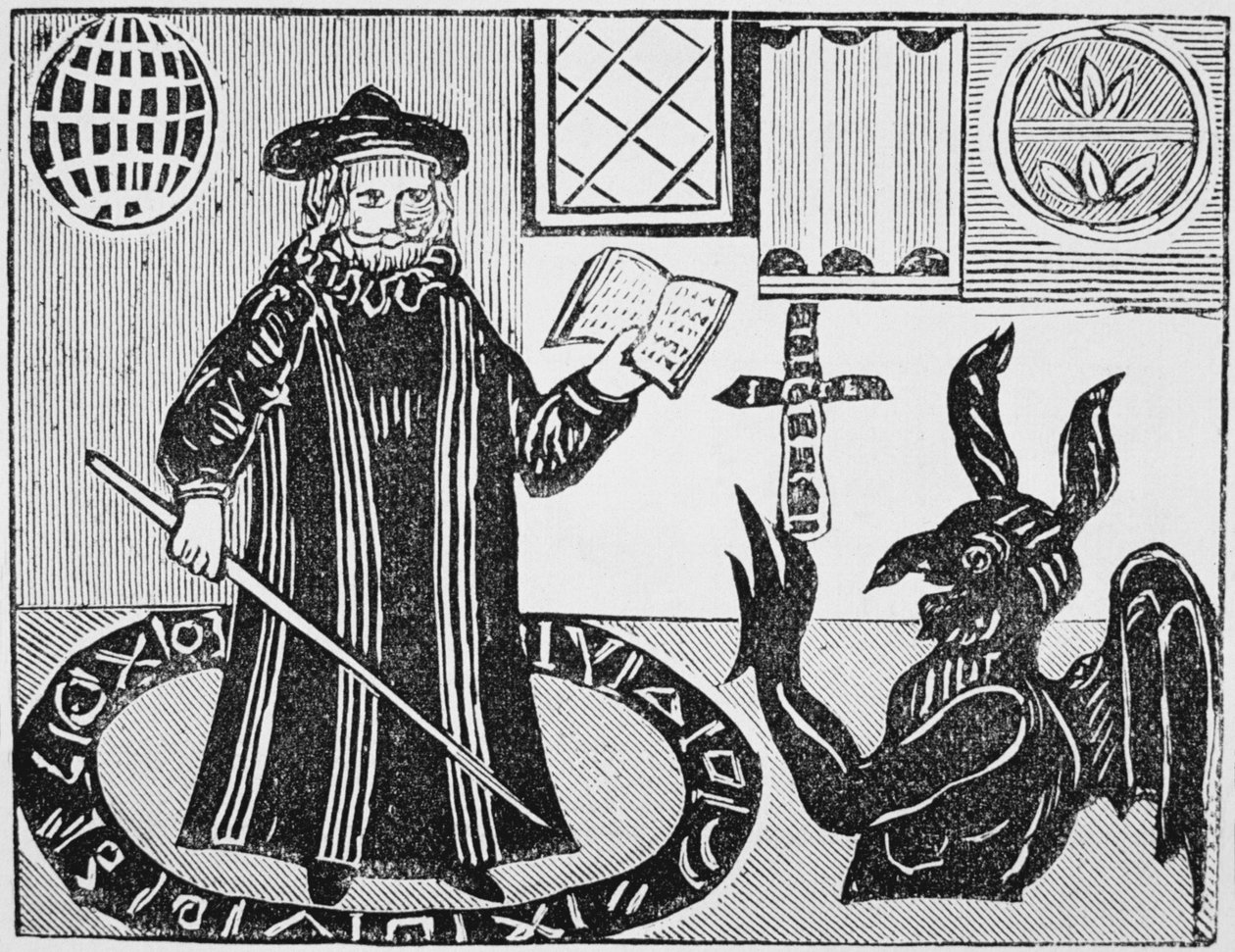 Dr. Fausto en un Círculo Mágico, frontispicio de la traducción de Dr. Fausto de Gents, publicado en 1648 de English School