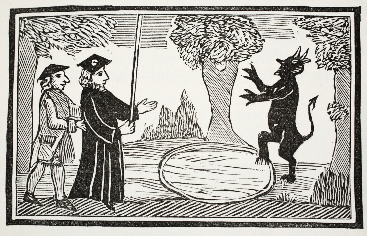 El Dr. Faustus invoca al diablo, ilustración de Chap-books of the Eighteenth Century por John Ashton, pub. 1882 de English School