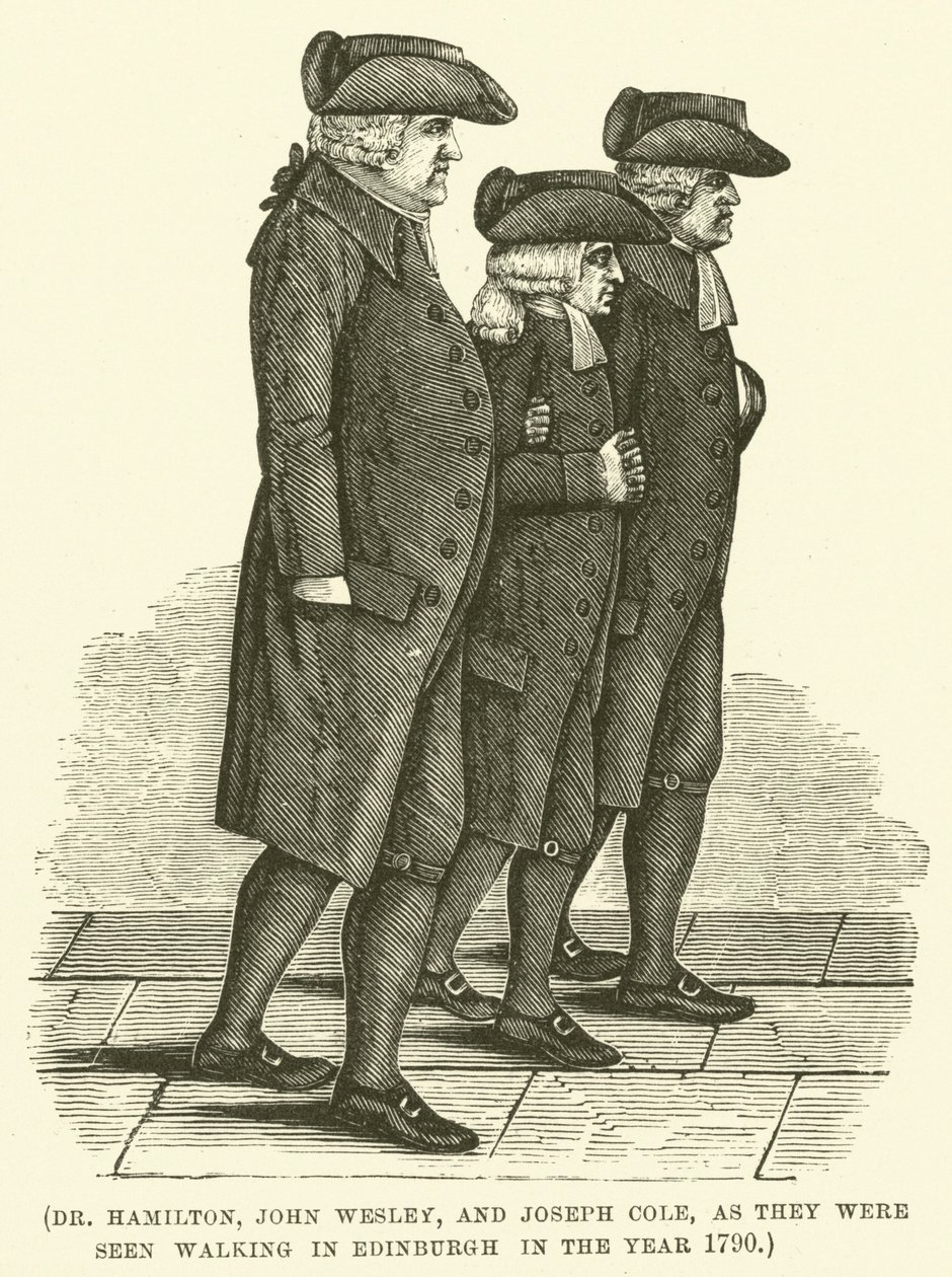 El Dr. Hamilton, John Wesley y Joseph Cole, tal y como se les vio paseando por Edimburgo en el año 1790 (grabado). de English School