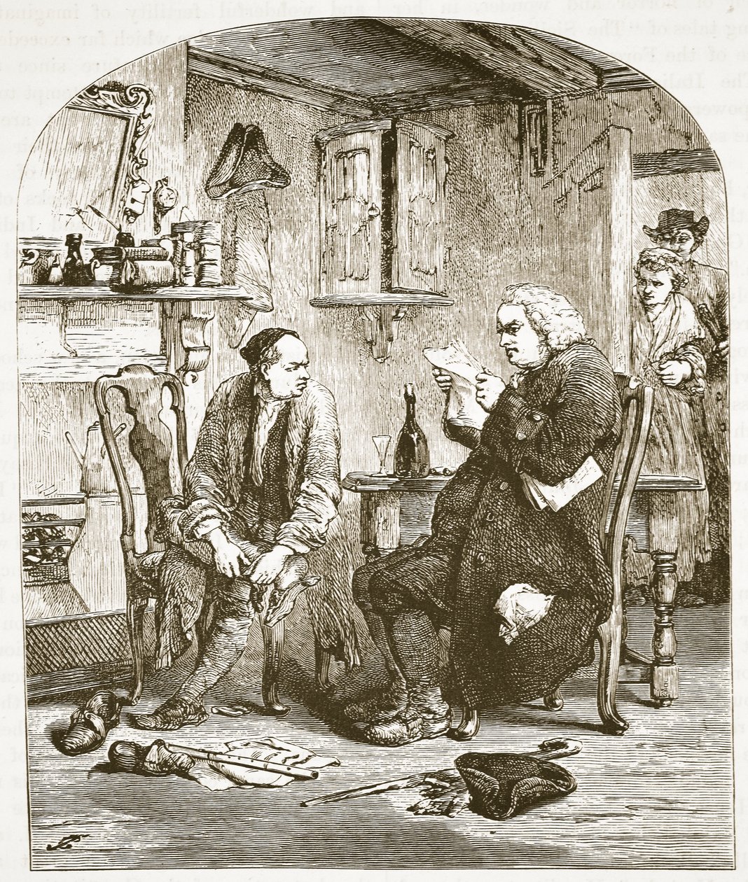 Dr. Johnson leyendo el manuscrito de El vicario de Wakefield, ilustración de Cassells Illustrated History of England de English School